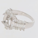 Sterling Silver Semi Mount Ring Setting with Oval and Baguette Halo, featuring White Topaz, 925 silver.